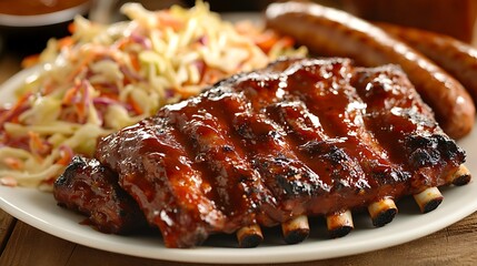 A barbecue platter with ribs, sausage, and colslaw