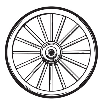 Black and white detailed illustration of a wagon wheel depicting transportation equipment and vintage design