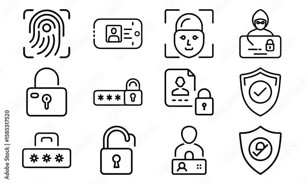Poster security and identity verification icon set with fingerprint password face recognition and protectio
