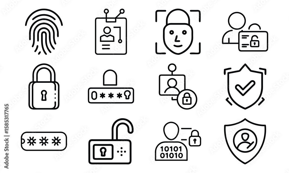 Poster digital security and authentication icons illustrating protection privacy and verification concepts