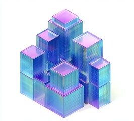 Obraz premium Abstract background with glass cubes in blue and purple colors, a futuristic illustration of skyscrapers or a city tower on a white backdrop.