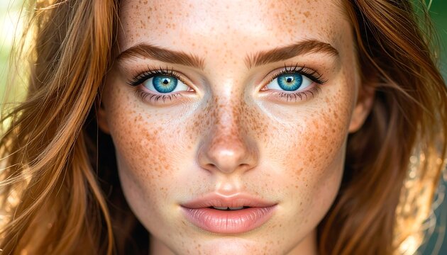 Close-up portrait of a redhead with freckles and blue eyes