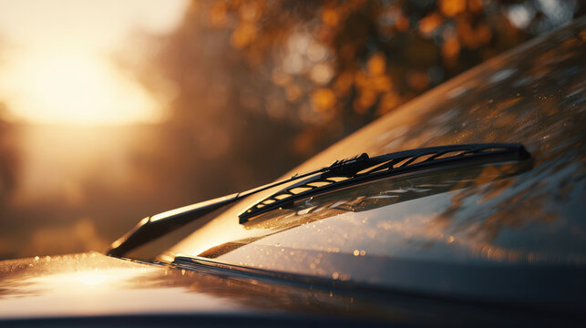 Close-up of a clean modern car windshield with a windshield wiper resting on the glass, soft golden hour lighting, slight autumn haze in the background.