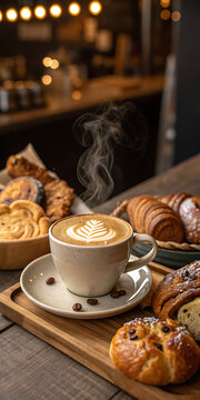 Hot cup of coffee with sweet cookies and pastries, perfect for a morning breakfast or a delightful cafe snack