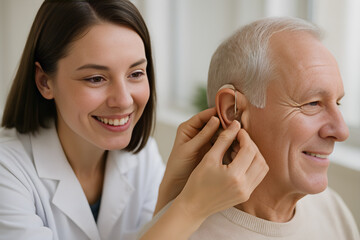 Smiling female audiologist fitting hearing aid for happy senior man in clinic