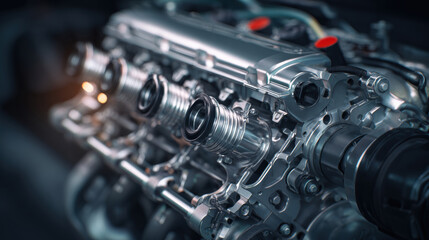 Fototapeta premium car engine on a black background. powerful new generation car engine consuming less fuel. Concept of modern car engine. 3d illustration. 