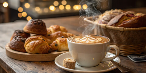 Fototapeta premium Hot cup of coffee with sweet cookies and pastries, perfect for a morning breakfast or a delightful cafe snack