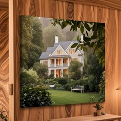 Elegant House View Through Wooden Frame