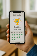 Hand holding smartphone with habit tracker app showing 10 day streak and achievement badge in cozy home setting