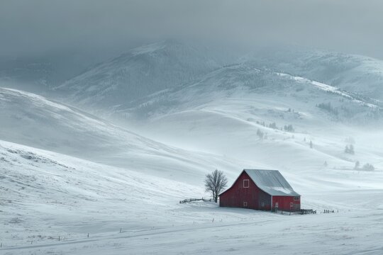 A red house sits in a snowy field in winter