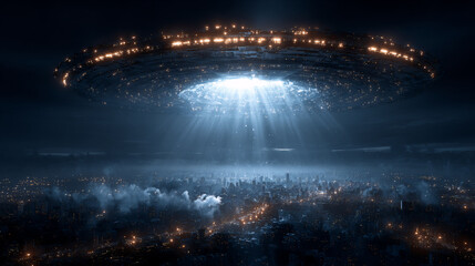 Unidentified flying object (UFO) hovering over a big city at night, bright light ray coming from below. Alien invasion, science fiction concept.