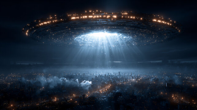 Unidentified flying object (UFO) hovering over a big city at night, bright light ray coming from below. Alien invasion, science fiction concept. - Powered by Adobe