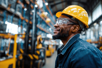 Side view of a smiling black man, blue collar, with yellow hard hat and safety glasses, waiting for an forklift vehicle passing in the background to cross the factory.