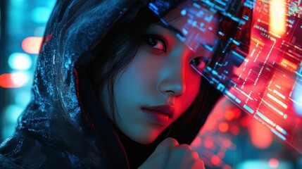 Young woman in hoodie with digital overlay