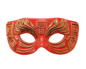 Red mask with golden eyebrows sharp lines geometric pattern dramatic style festive masquerade isolated on transparency background vibrant decorative celebration