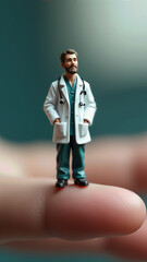 Hyperrealistic tiny doctor standing on human fingertip.