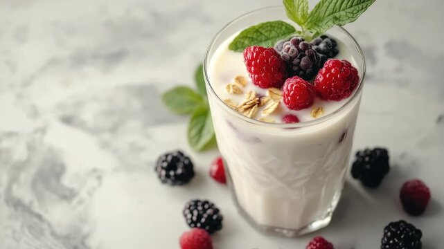 Vibrant berry parfait with creamy ice cream, served in a tall glass, garnished with fresh berries.