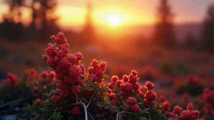 Organic lingonberry berry with natural red forest harvest in garden.
