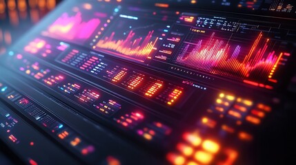 Futuristic 3D isometric data dashboard with neon glowing charts in gradient colors, business infographic style.