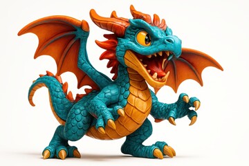 Cartoon dragon figure with teal blue body orange wings and horns on a white background