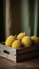 Wooden crate filled with fresh spiky durians in soft light