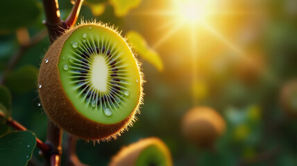 Kiwi fruit with dewdrops in radiant morning sunlight