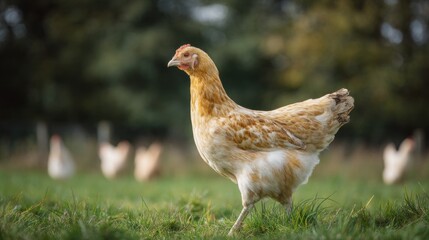 Fototapeta premium Free-Range Hen Strolling Through Green Pasture with Other Chickens in the Backdrop