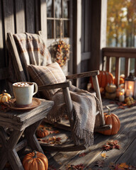 Ganek ozdobiony na jesień – dynie, liście, wrzosy i koce tworzą przytulną, sezonową atmosferę. Idealne miejsce na relaks w chłodne dni.