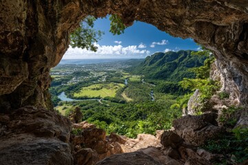 A cave opening frames a panoramic view of a lush valley, river, coastal town, and ocean under a bright blue sky