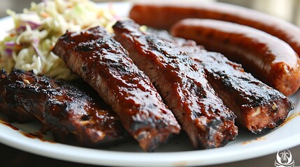 A barbecue platter with ribs, sausage, and colslaw
