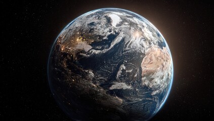 Naklejka premium A detailed, realistic depiction of Earth from space, illuminated by a sunbeam, showcasing landmasses, oceans, and city lights against a dark backdrop of stars