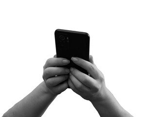 Black and white female hands holding smartphone while using it, back view. Transparent background