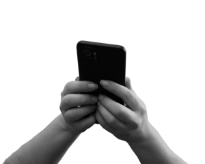 Black and white female hands holding smartphone while using it, back view. Transparent background