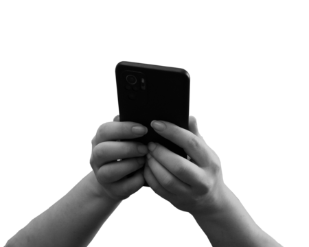 Black and white female hands holding smartphone while using it, back view. Transparent background