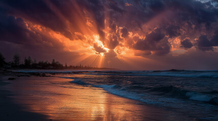 Fototapeta premium Dramatic Orange And Purple Sunset Over Dark Ocean Waves
