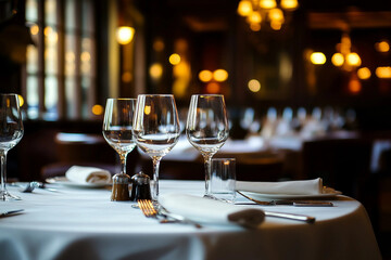 Generative AI image of elegant restaurant table setup for celebration dinner including birthday party wedding christmas and romantic anniversary