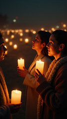 Social events. Warm candlelight gathering at night in serene outdoor setting. Support and Society. World Cancer Day.