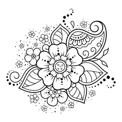 Mehndi flower pattern for Henna drawing and tattoo. Decoration in ethnic oriental, Indian style. Doodle ornament. Outline hand draw vector illustration.