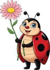 Cute Cartoon Ladybug Holding a Pink Daisy Flower with Green Stem Isolated on White Background, Adorable Insect Character Illustration, Nature, Spring, Summer, Joyful, Happy, Childlike Design Element.