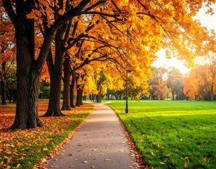 Autumn park pathway bathed in sunlight