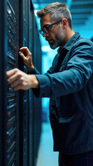 Focused technician adjusting server racks in modern data center