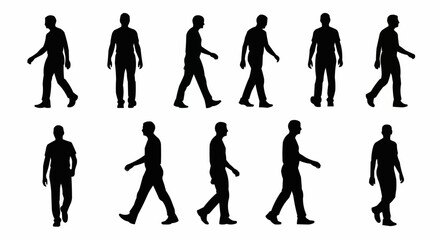 Fototapeta premium Man Walking Silhouette Set – Includes Normal Walking Poses in Vector Style on White Background