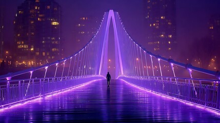 Obraz premium Man on Glowing Purple Path Over Dark Fantasy City Bridge 