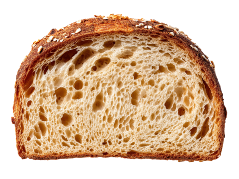 Slice of multigrain bread showing air pockets and seeds on transparent background
