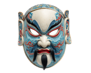 Peking opera mask white face blue and red lines dramatic expression traditional Chinese art cultural ornate detailed theatrical performance