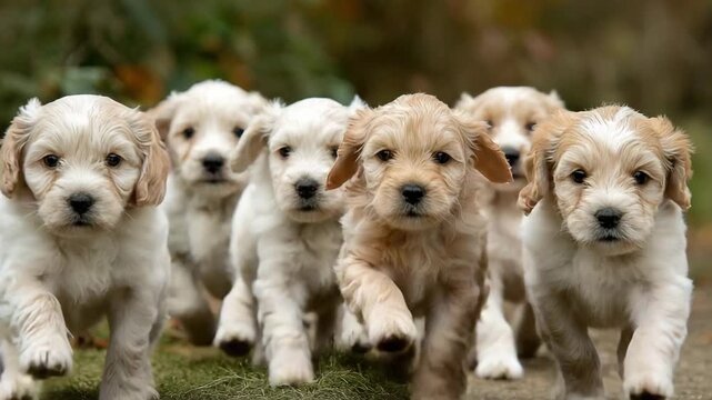 Six adorable fluffy puppies are running together outdoors on a grassy path.
