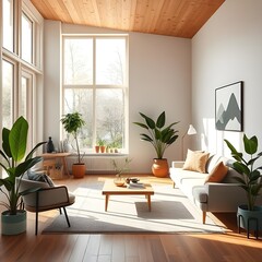 Scandinavian Minimalist Living Room Interior with Sunlight and Indoor Plants