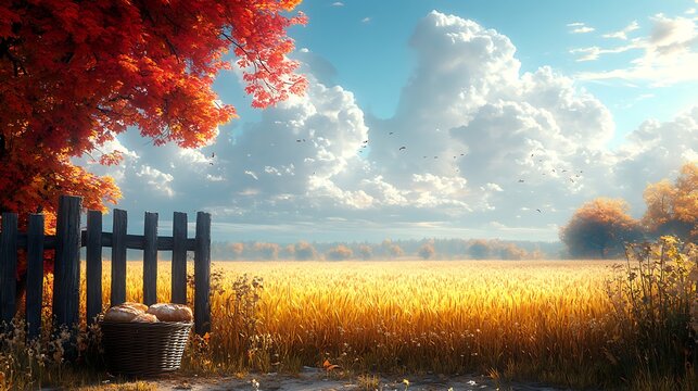 A serene Lofi wheat field with a wooden fence, a basket of fresh bread, and a view of the endless golden stalks under a soft pastel sky,