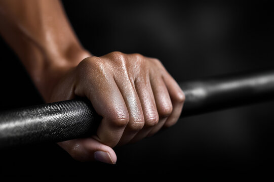 Close Up Of Sweaty Hands Gripping Barbell, Person's Arm Visible, Dark Background