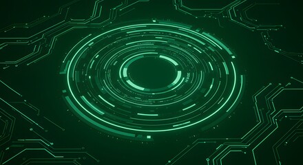 Abstract Green Digital Circuit Design Featuring Circular Patterns and Futuristic Geometry